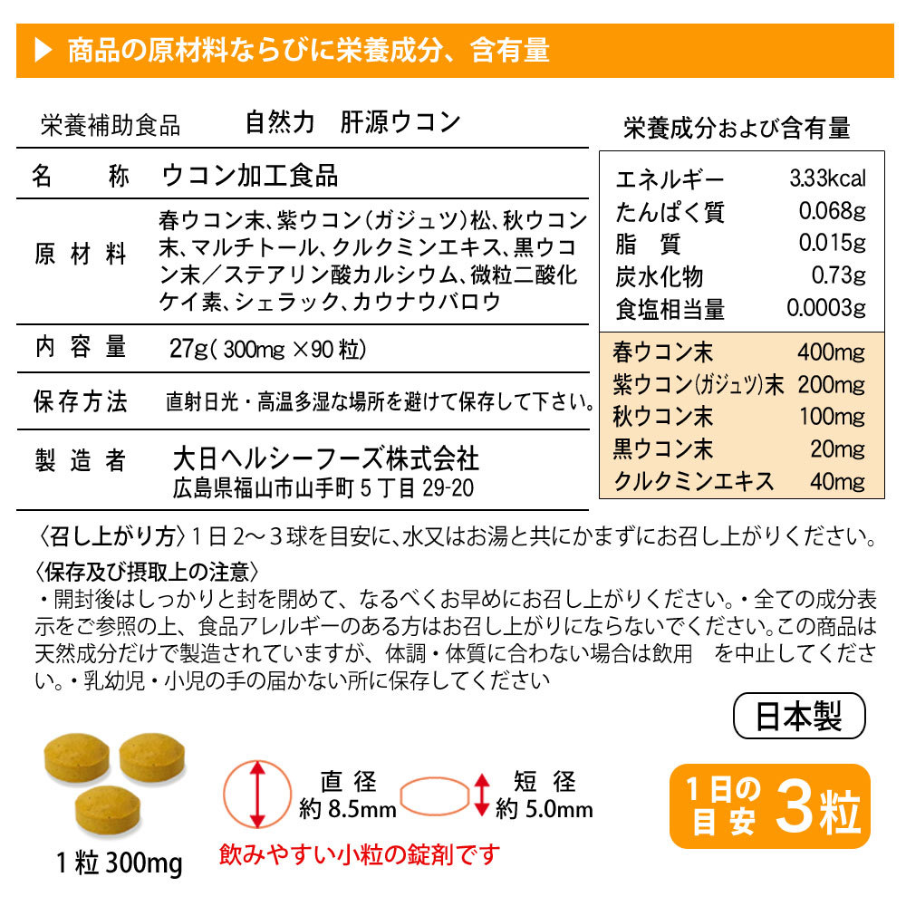 肝源ウコン90粒の成分表
