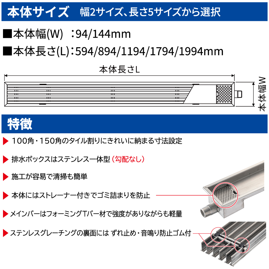 排水ユニット ステンレスグレーチングタイプ SUG-SR1590C 本体幅W
