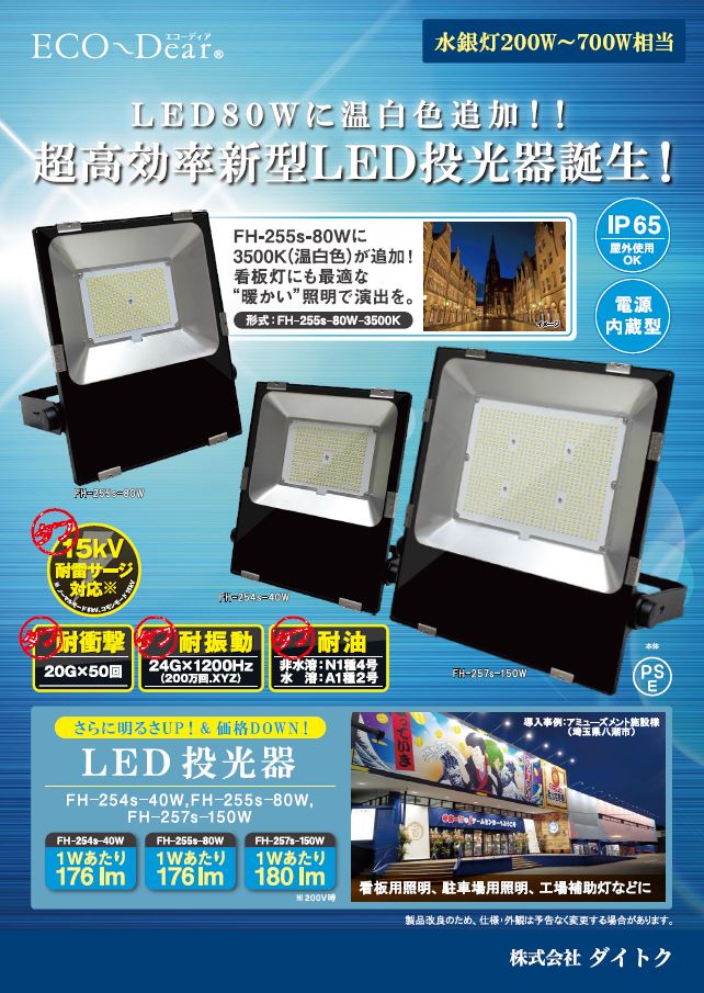 LED投光器 水銀灯400W相当 昼白色 ワイド光タイプ FH-255s-80W