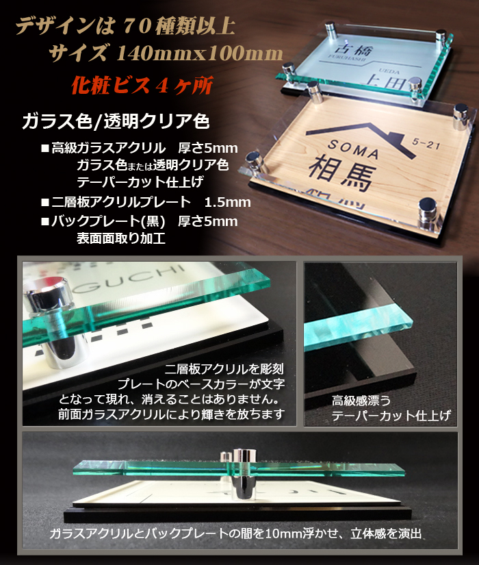 透明アクリルグラス製のステンドグラス調表札＊１㎜単位＊ＵＶ＋鏡面仕上げ＊穴開け可 あんしん1年保証付き】 表札 アクリル ガラスアクリル表札×カラー G