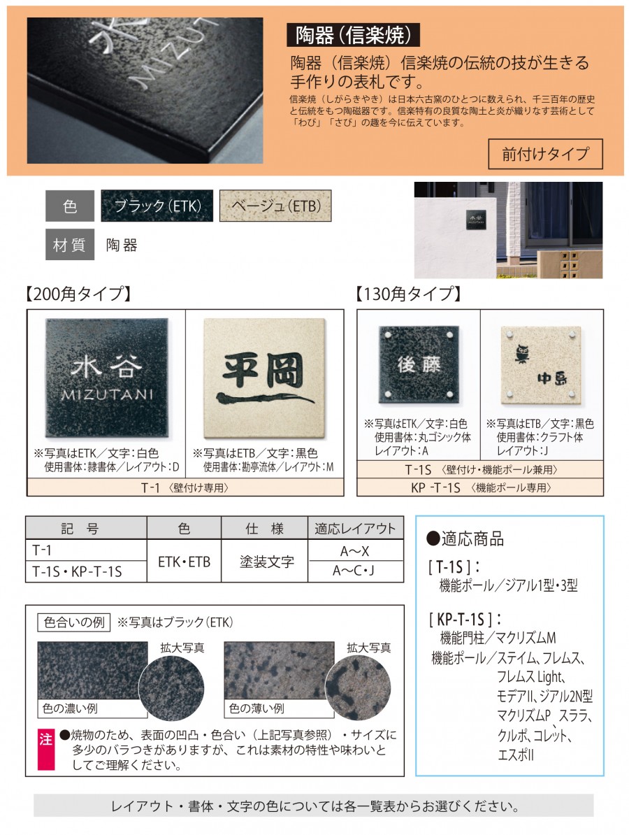 表札 三協アルミ 三協立山 陶器 (信楽焼) 壁付け専用 T-1 ブラック[ETK