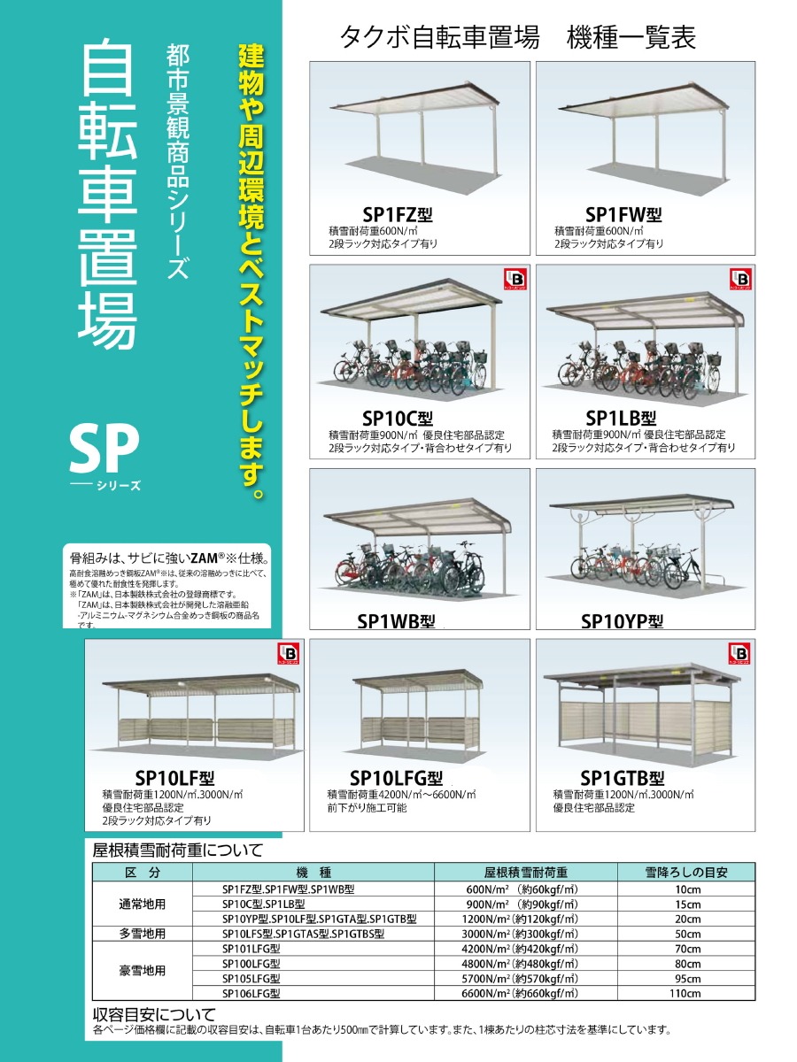 サイクルポート タクボ 物置 TAKUBO 田窪工業所 SP10YP型シリーズ 5台用 ZAN仕様 基本棟 埋込み仕様  柱間2250屋根奥行き2000高さ2283 SP101YPU-K 自