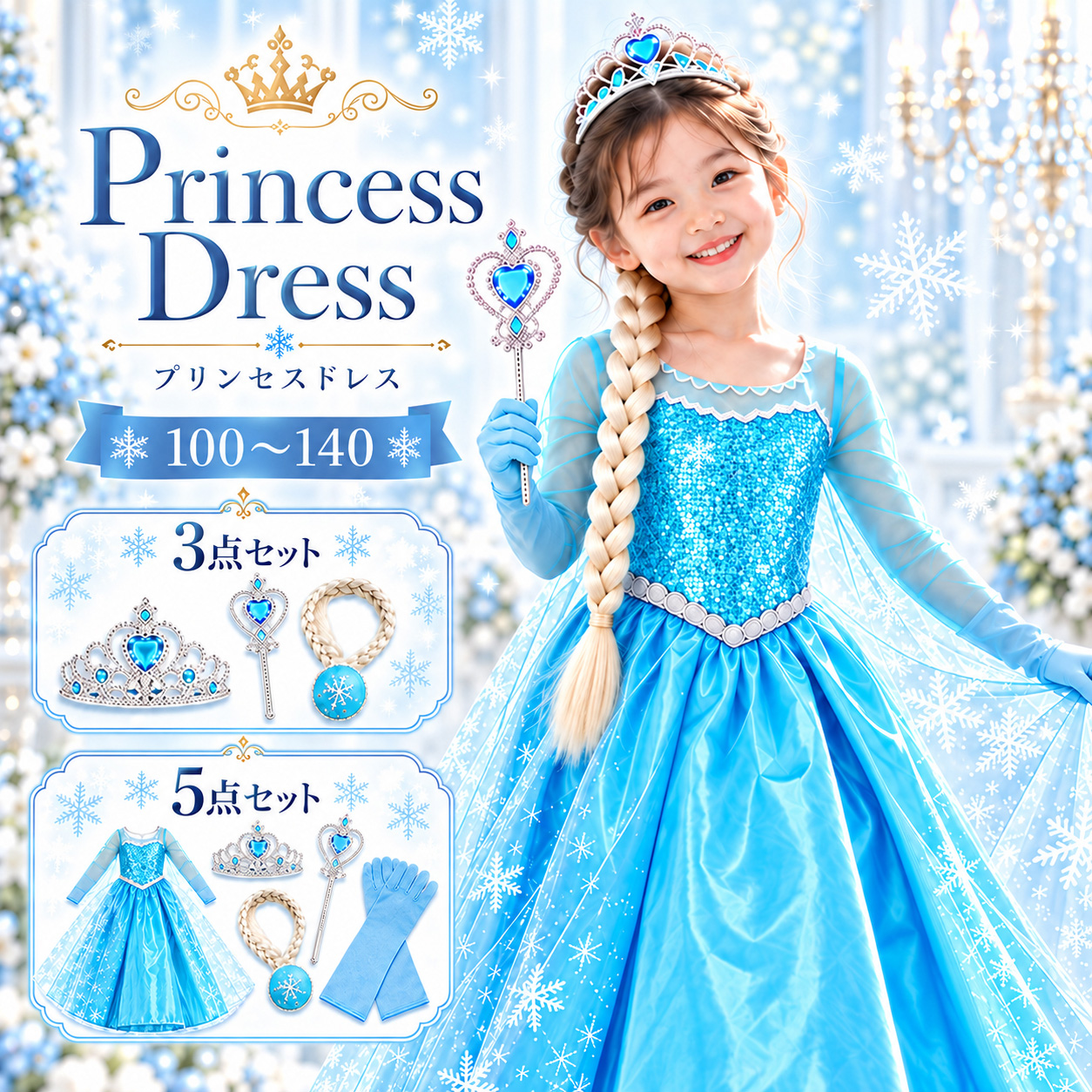 エルサ ドレス 子供 3点 5点セット 100 110 120 130 140 プリンセス