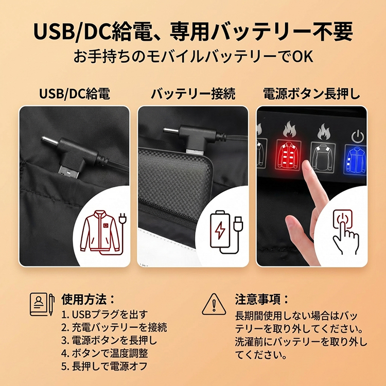 電熱ジャケット 長袖 前後 35箇所発熱 バッテリー付き 日本製繊維