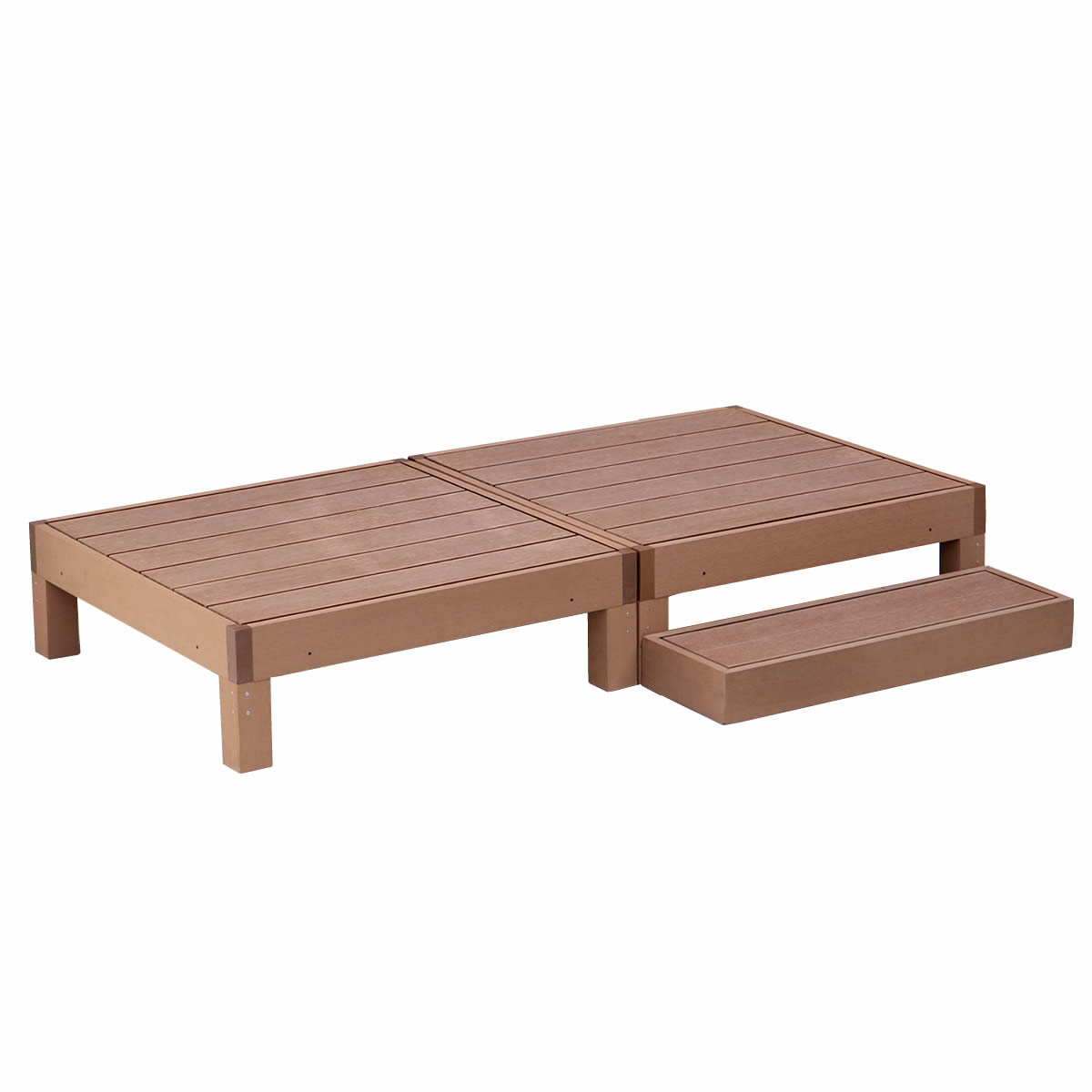 ウッドデッキ 人工木 おしゃれ diy 材料 3点セット デッキ縁台2台 ステップ 幅90cm 奥行90cm 高さ28cm ウッドデッキセット 北欧 ライトブラウン ダークブラウンの画像