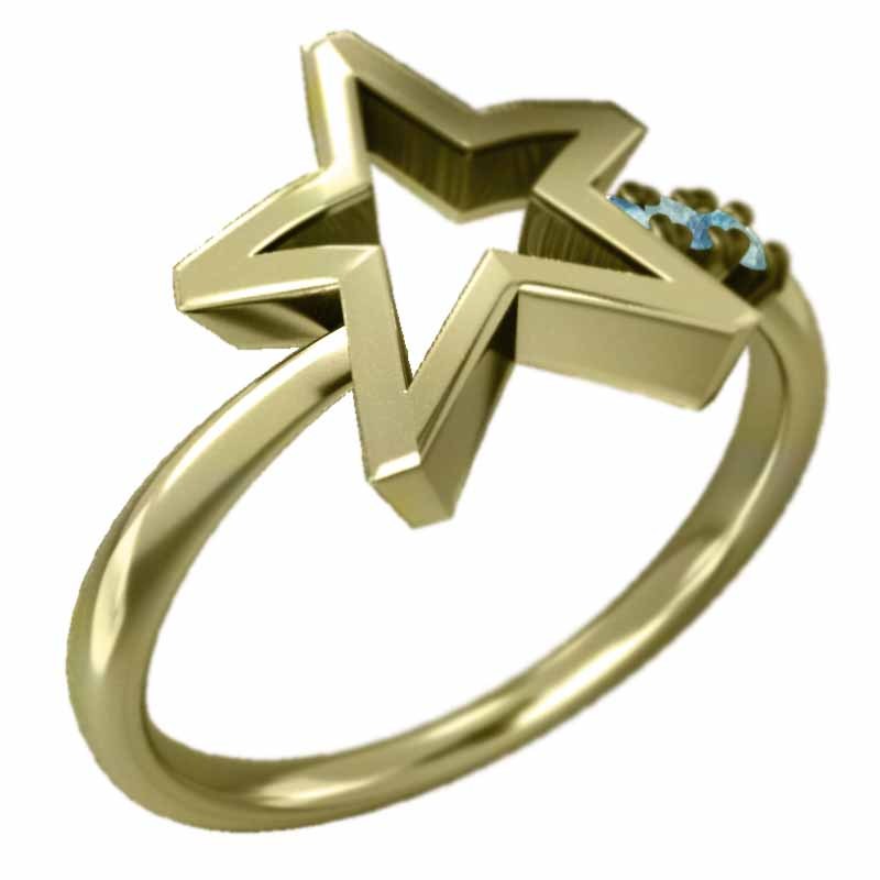 k18イエローゴールド 指輪 星 デザイン 3石 4月誕生石 ブラックダイヤ(黒ダイヤ)