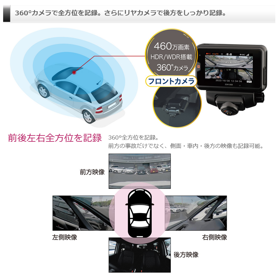 【美品】COMTEC ZDR059 360度カメラ+リアカメラ+通信にも対応 ドライブレコーダー ZDR059 | COMTEC 株式会社コムテック