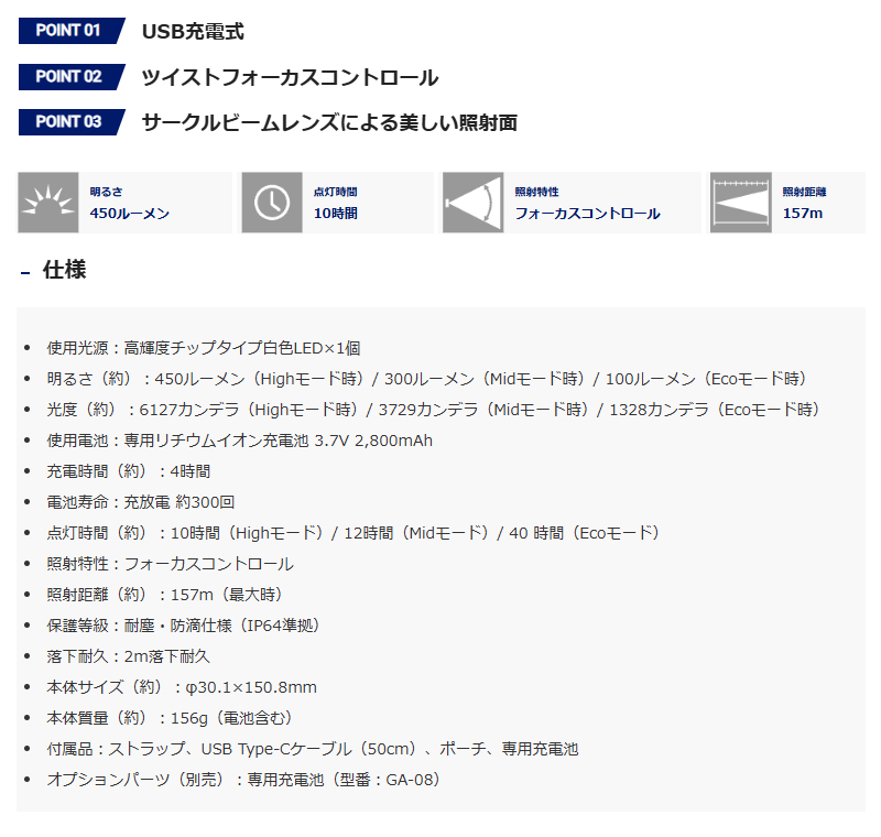 閃 FLP-2307 GENTOS ジェントス 閃シリーズ LEDフラッシュライト 450