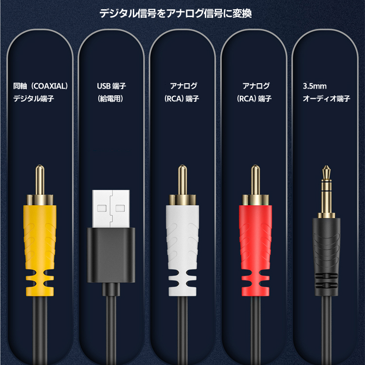 同軸デジタル信号→アナログ信号RCA/3.5mm変換ケーブル USB給電 同軸