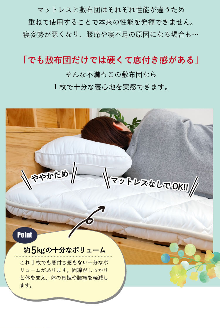 敷き布団 送料無料 シングルロング 100×210cm 日本製 防ダニ抗菌防臭