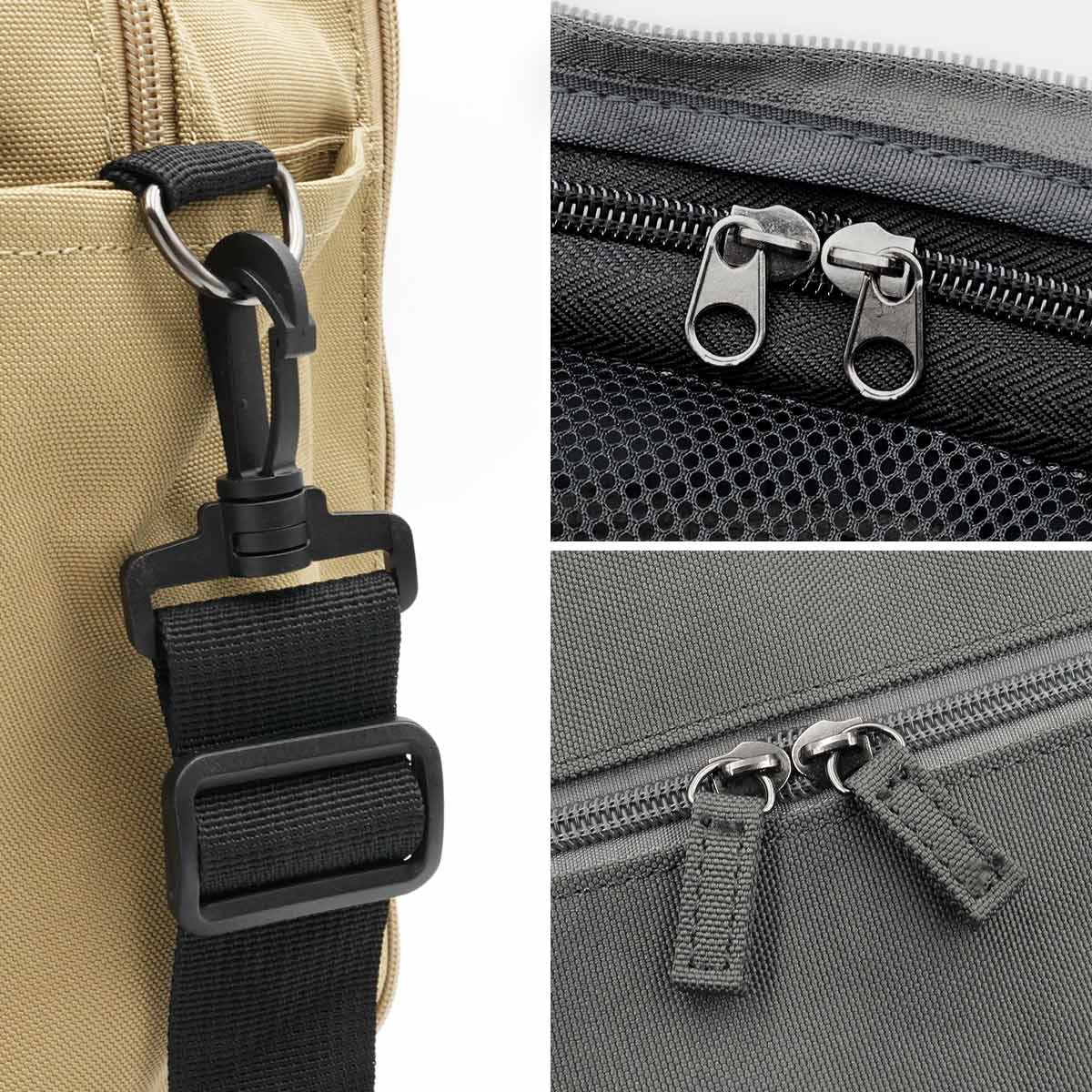 ショルダーベルトのDカンやダブルファスナーなど、各パーツのディテールアップ