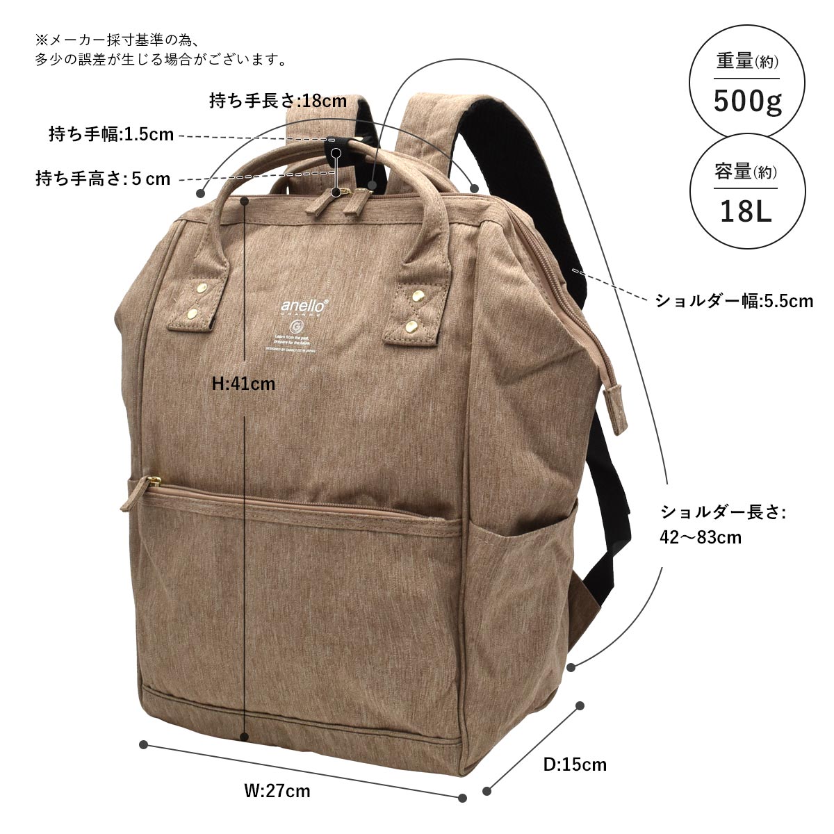 リュック レディース A4対応 軽量500g 撥水 口金 anello 500mLポケット 背面直結 通勤 通学 マザーズの画像