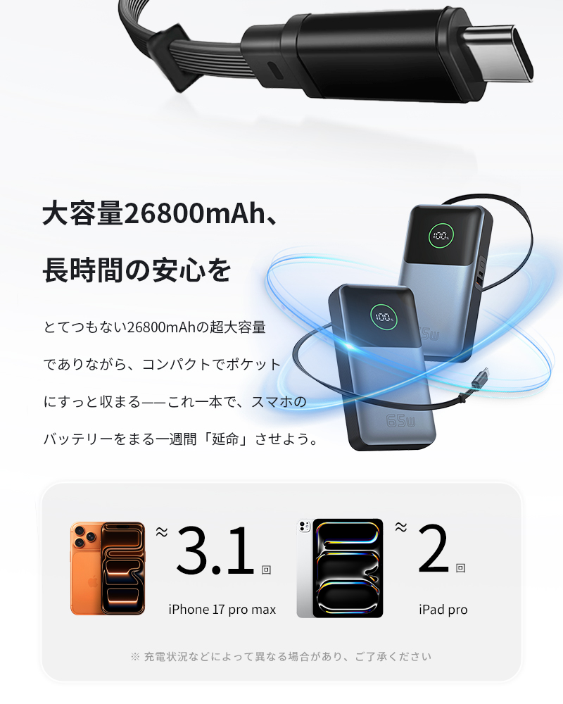 モバイルバッテリー 26800mAh 3台同時充電 iPhone17 パワーバンク ケーブル一体型 急速充電 薄型 ノートPCに充電可 PSE認証済み【PL保険加入済み製品・安心】 関連画像5