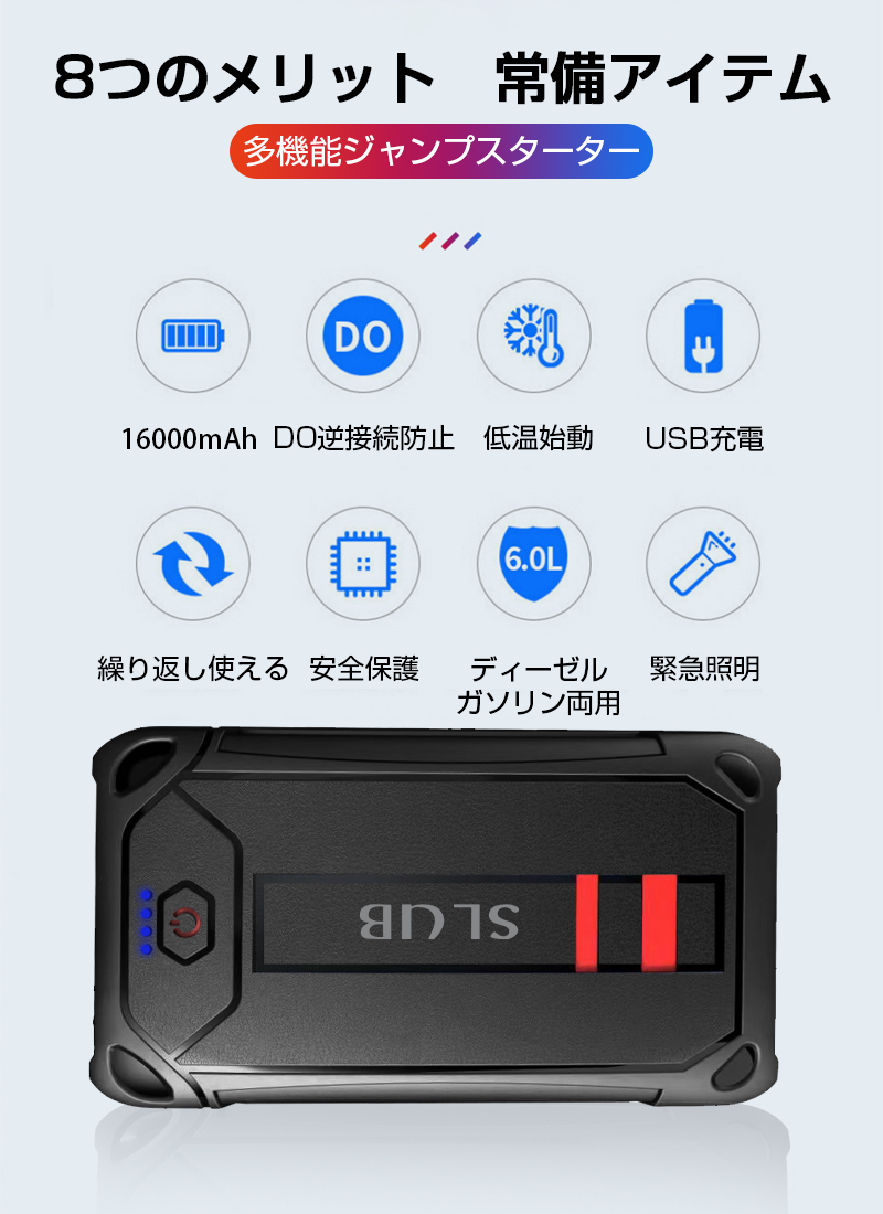 ジャンプスターター 12V車用エンジンスターター 防災電源 バッテリー上がり 外部バッテリー (最大5.0Lガソリン車 3.0Lディーゼル車に対応)  16000mAh大容量 防水 : slub-1223 : SLUB-ショップ - 通販 - Yahoo!ショッピング