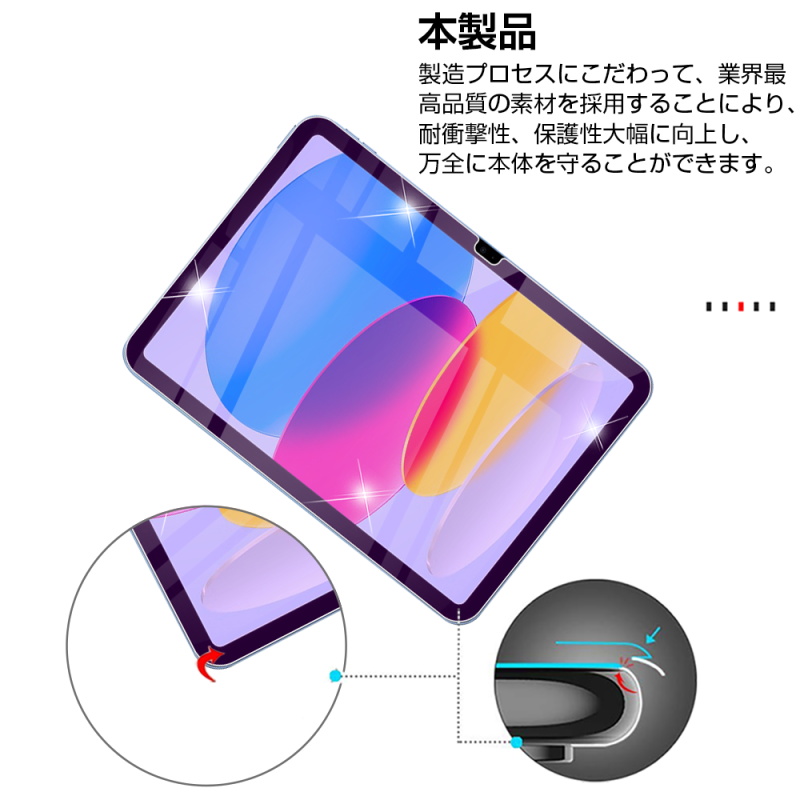 iPad 第10世代 強化ガラス保護フィルム ブルーライトカット 2022新型 第10世代 10.9インチ 液晶保護 耐衝撃 指紋防止 ケース対応 気泡レス 簡単貼付け 9H硬度｜slub-shop｜03