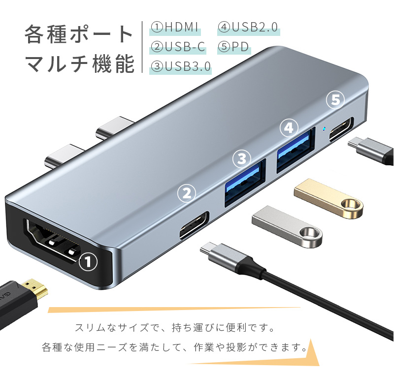 USB C ハブ USB Cドック 5in1ハブ ドッキングステーション コードレス 変換アダプター 87W PD充電対応 急速充電 4K HDMI出力 USB3.0高速データ伝送対応｜slub-shop｜05