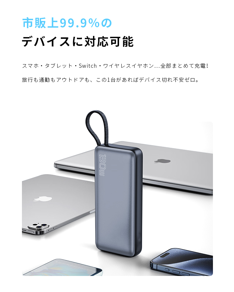 【2026年最新作】モバイルバッテリー 26800mAh/99.16Wh ケーブル内蔵 iPhone17 シェア充電 ノートPC充電 高速 PSE認証済み【PL保険加入済み製品・安心】_7