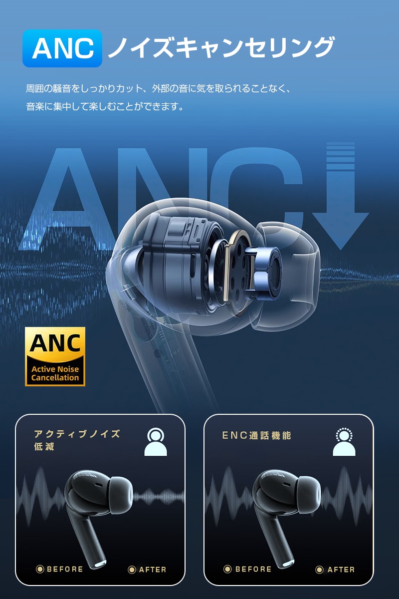 ワイヤレスヘッドセット ハンズフリー通話 ANC+ENCノイズキャンセリング クリア通話 左右分離型 超軽量 タッチ操作 スポーツ向け【PL保険加入済み製品・安心】 | 明誠 | 13