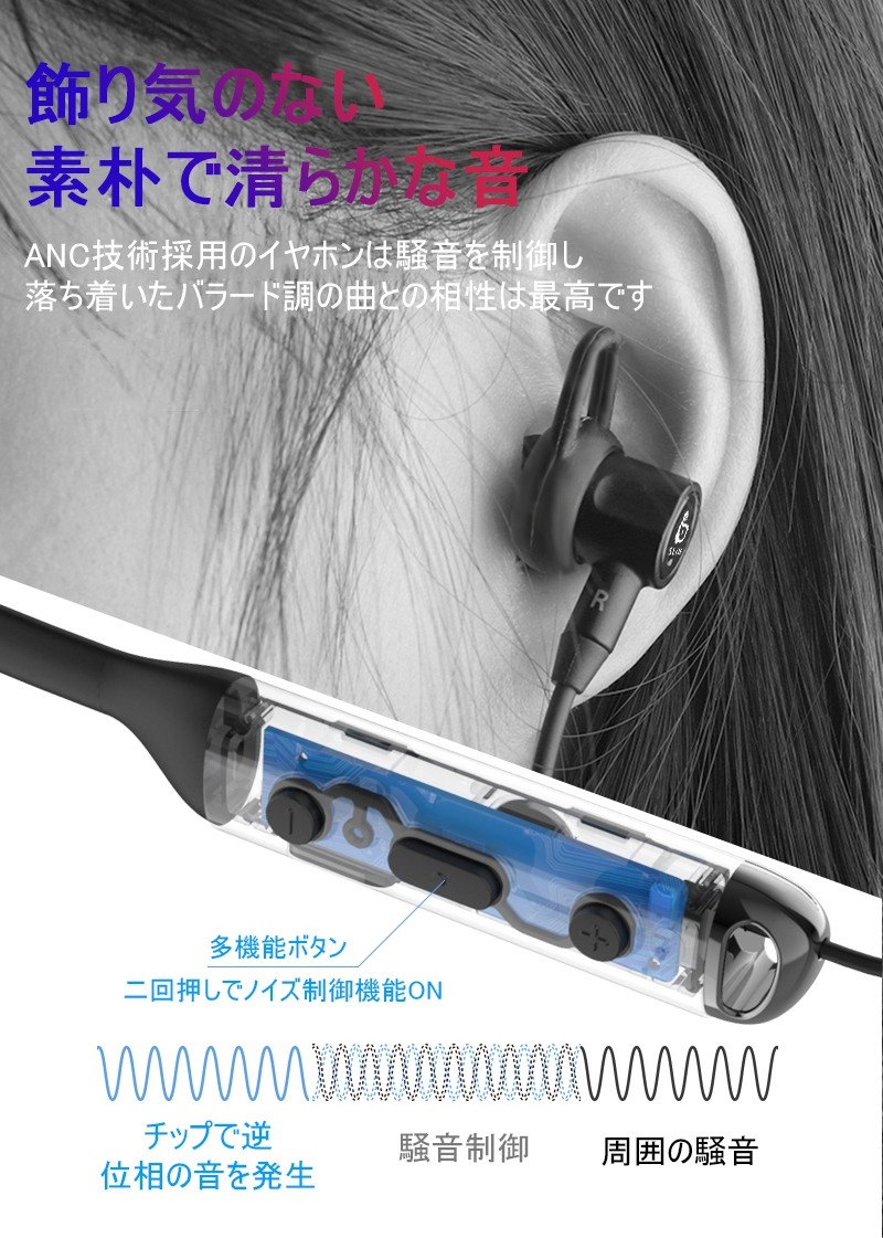 ワイヤレスイヤホン Bluetooth 5.0 IPX5防水 首掛け ヘッドセット 高音質 ANCアグティブコントロール 飾り気のない  ステレオサウンド 7時間音楽再生 マグネット