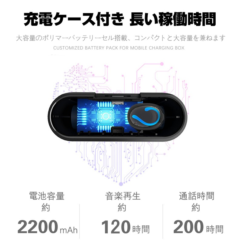 ワイヤレスイヤホン Bluetooth 5.3 ヘッドセット 防水 2200mAh充電ケース付き HiFi高音質 ノイズキャンセリング 片耳型 インナー型 LED残電量表示 自動再接続｜slub-shop｜11