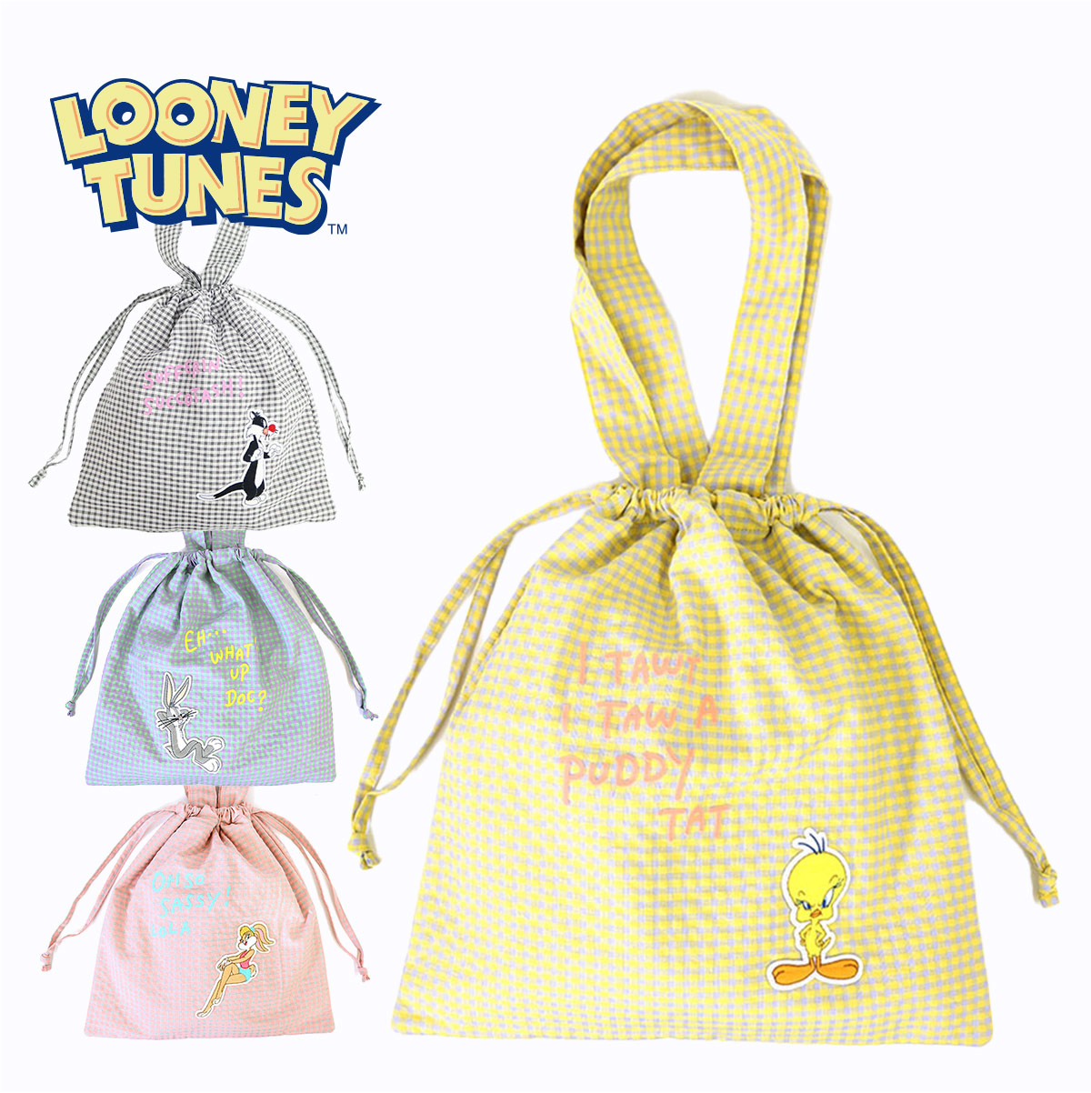 トートバッグ チェック レディース ルーニーテューンズ LOONEY TUNES ハンドバッグ エコバッグ トゥイーティー バッグスバニー ワーナー キャッシュレス｜sma-co