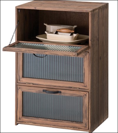 木製 キャビネット 3段 アンティーク風 ガラス扉 サイドキャビネット