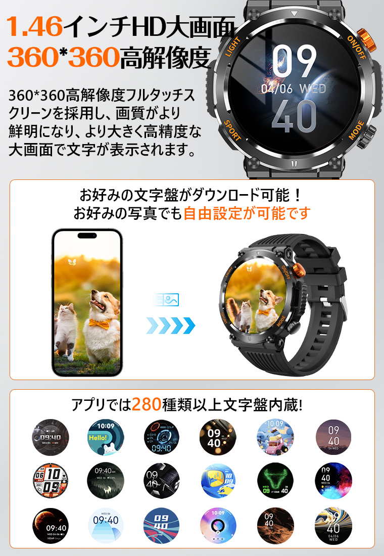 【5％OFF】スマートウォッチ 日本語対応 スマホウォッチ スマート時計 軍用規格 通話機能 血中酸素 腕時計 1.96インチ メンズ IP67防水 心拍数 Bluetooth5.3｜smahoservic｜13