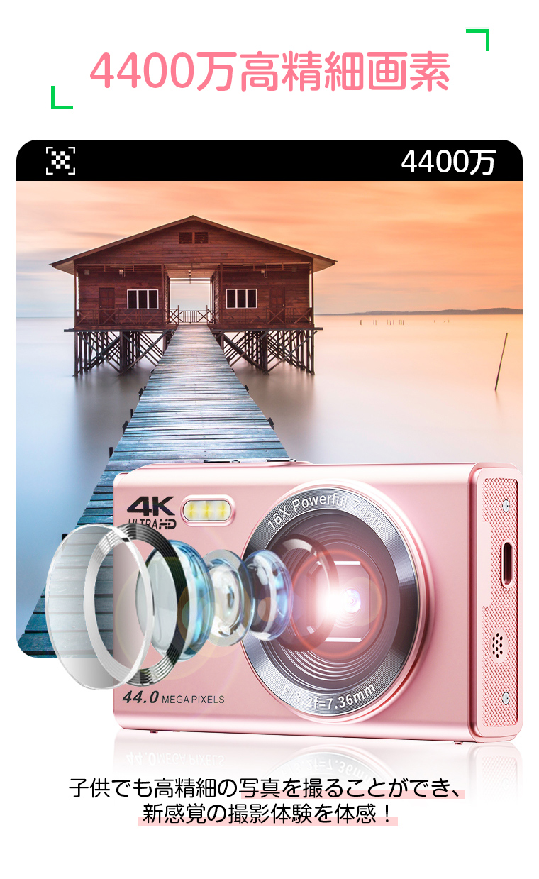 デジタルカメラ デジカメ 4400万画素 4K 32GB Micre SDカード付き インチ大画面 16倍ズーム 録画 クリスマス プレゼント ギフト