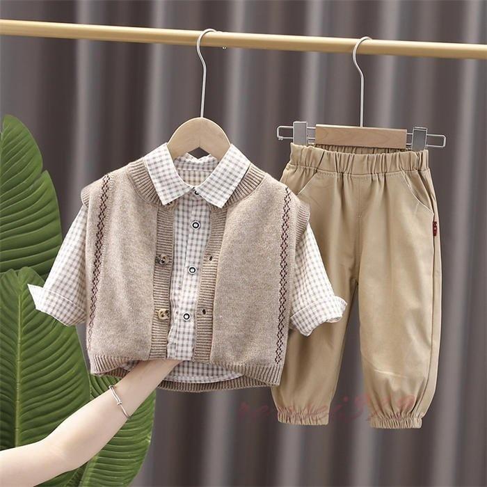 子供服 セットアップ ニットベスト 長袖チェック柄シャツ ロングパンツ 男の子 三点セット　秋冬 カジュアル