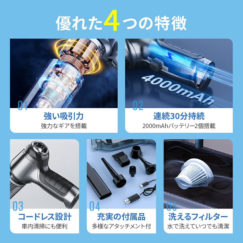 ハンディクリーナーコードレス◆8点セット 1台3役車用◆USB充電式 軽量2段階 超軽量 ハンディクリーナー コードレス USB充電式 多機能 ミニ