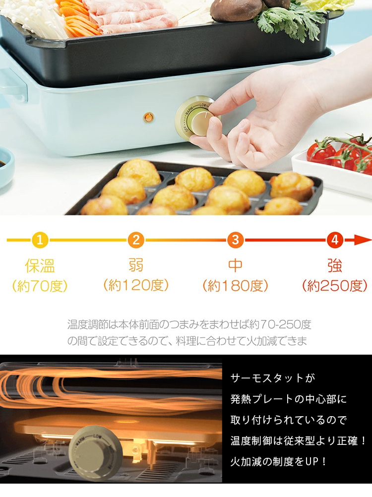 SOLEMOOD ホットプレート 3種プレート付 ミニ 電気鍋 たこ焼き