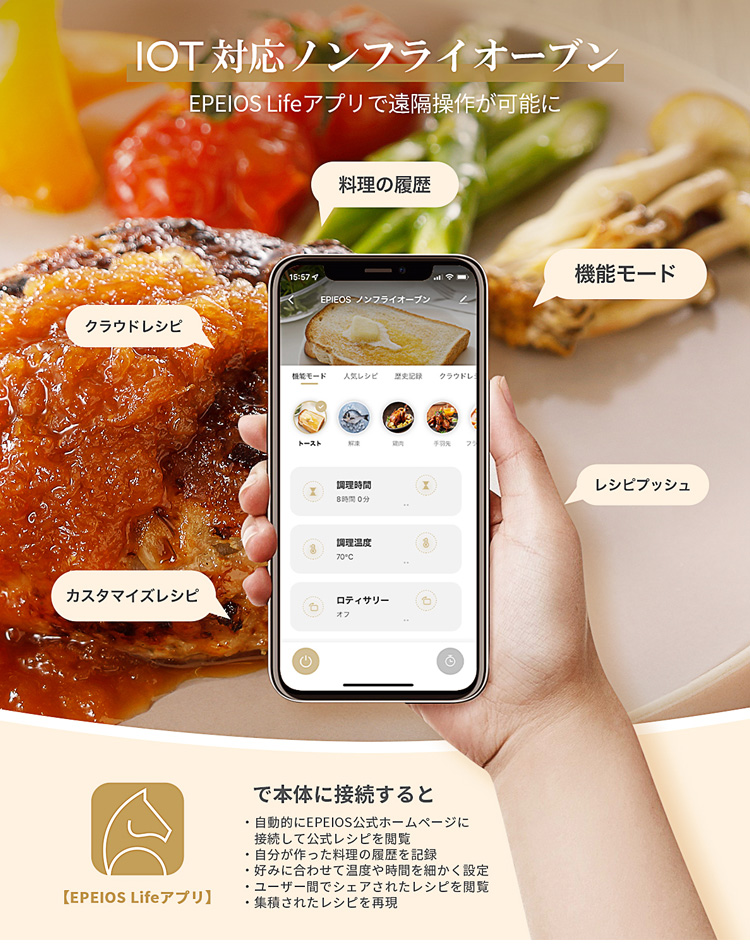 EPEIOS ノンフライオーブン AO249A IoT対応 アプリ連動 14L大容量 ノン
