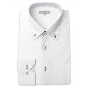 ワイシャツ 長袖 こだわり隠れ好印象デザイン ドレスシャツ Yシャツ メンズ 白 ストライプ ボタン...