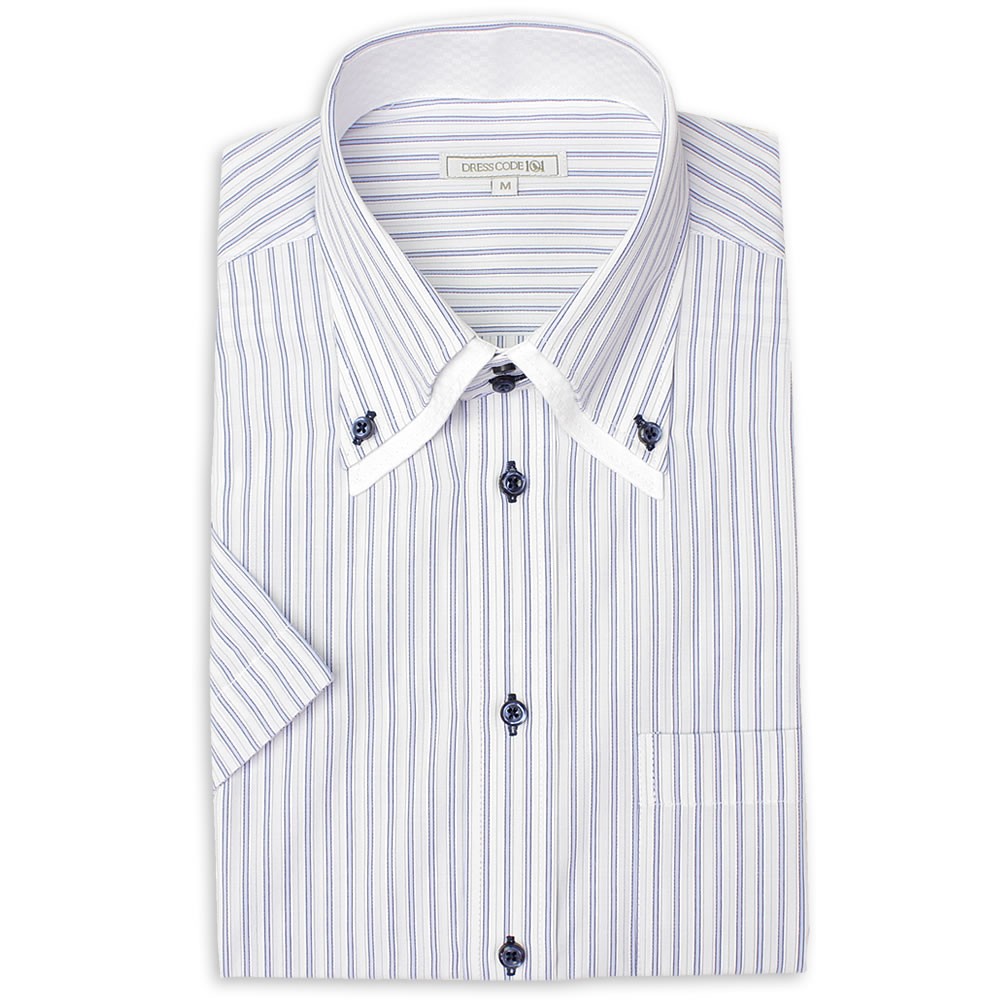 ワイシャツ 半袖 おしゃれ デザインにこだわった ドレスシャツ 2枚衿 ボタンダウン メンズ 紳士用 Yシャツ ストライプ ブルー 白 ホワイト｜smartbiz｜04