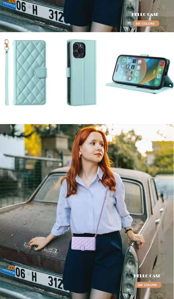 iPhone 15用上品なショルダーストラップ付レザーケース