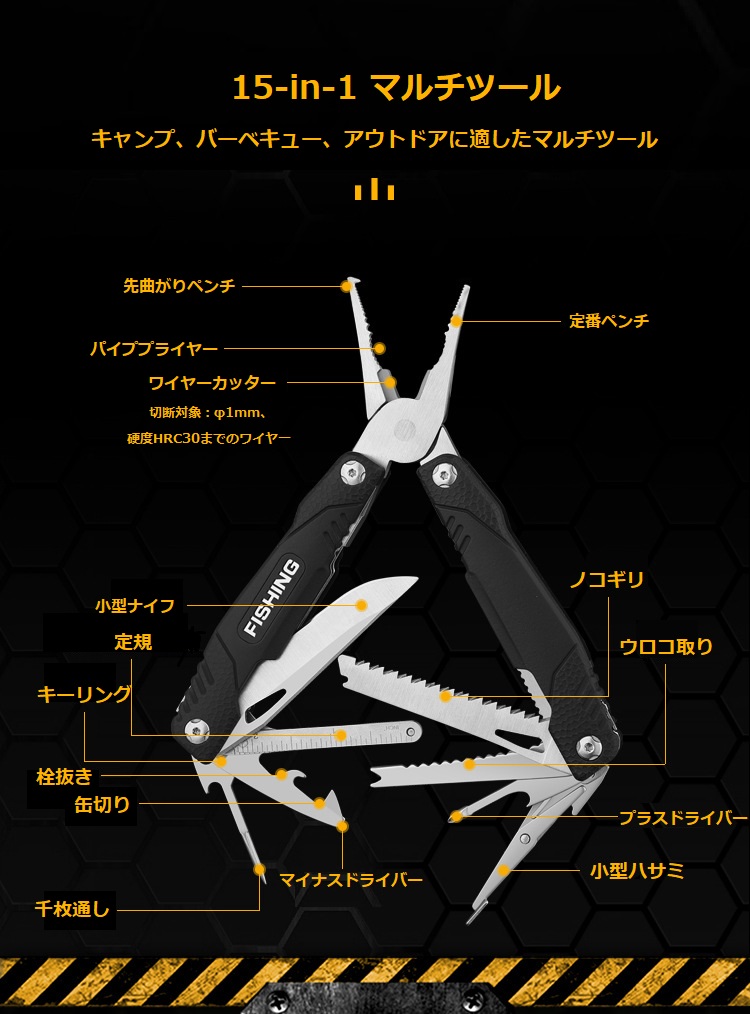 多機能ペンチ マルチツール 15-in-1 折り畳み式 ナイフ ノコギリ