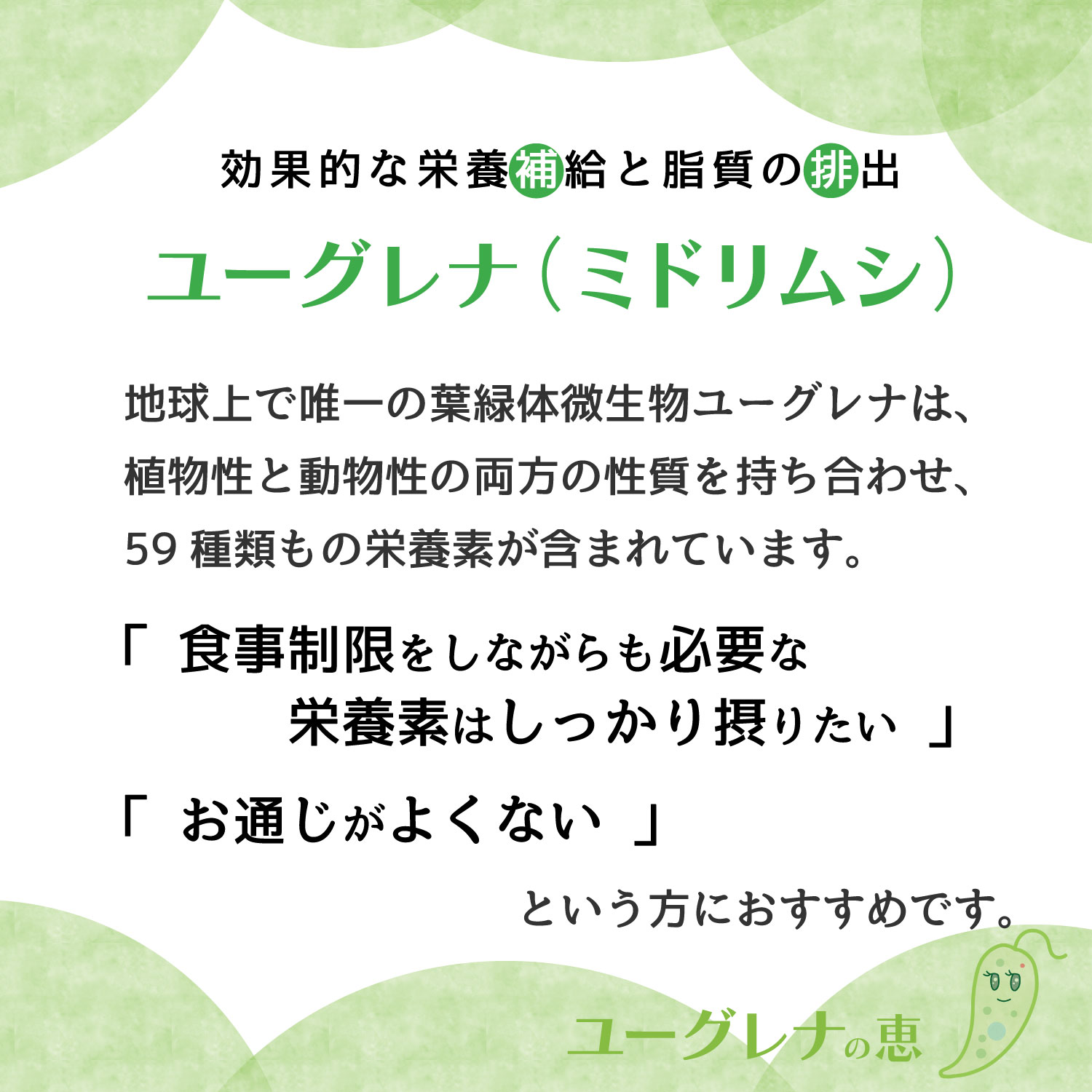 “効果的な栄養補給と脂質の排出｜ユーグレナの恵”