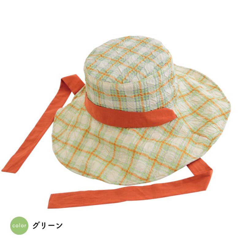 帽子 ハット レディース UVカット つば広 チェック ワイヤー入り