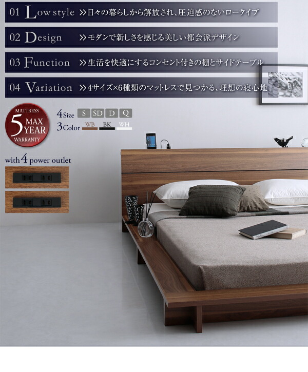 長期保証 ベッド 棚 4口コンセント付きデザインフロアローベッド マルチラススーパースプリングマットレス付き クイーン(Q×1）