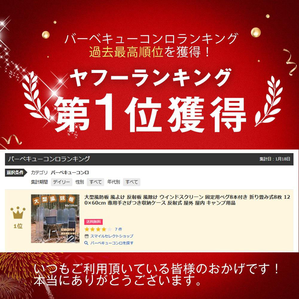 大型風防板 風よけ 反射板 風除け ウインドスクリーン 固定用ペグ8本付き 折り畳み式8枚 120×60cm 専用手さげつき収納ケース 反射式 屋外  屋内 キャンプ用品 :c1zk007:スマイルセレクトショップ - 通販 - Yahoo!ショッピング