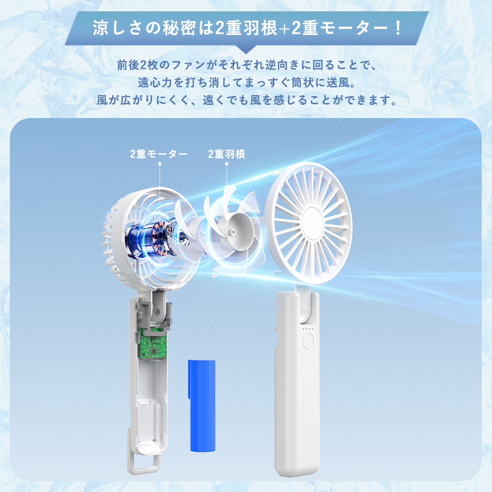 ハンディファン 2重羽根 手持ち扇風機 小型扇風機 大風量 強力 静音