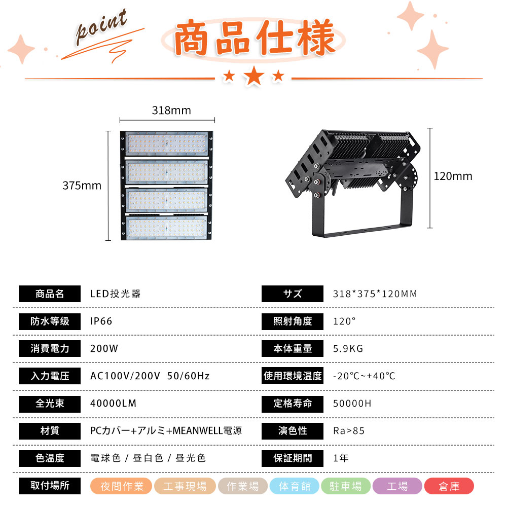 led投光器 200w led作業灯 投光器 ワークランプ LEDハイベイライト 超