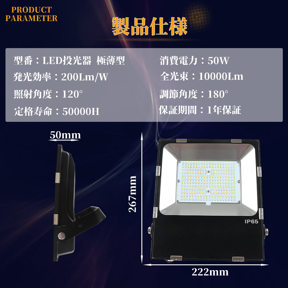 超明るい LED投光器 50w 10000ルーメン 500W相当 IP65防水 野外灯 LED
