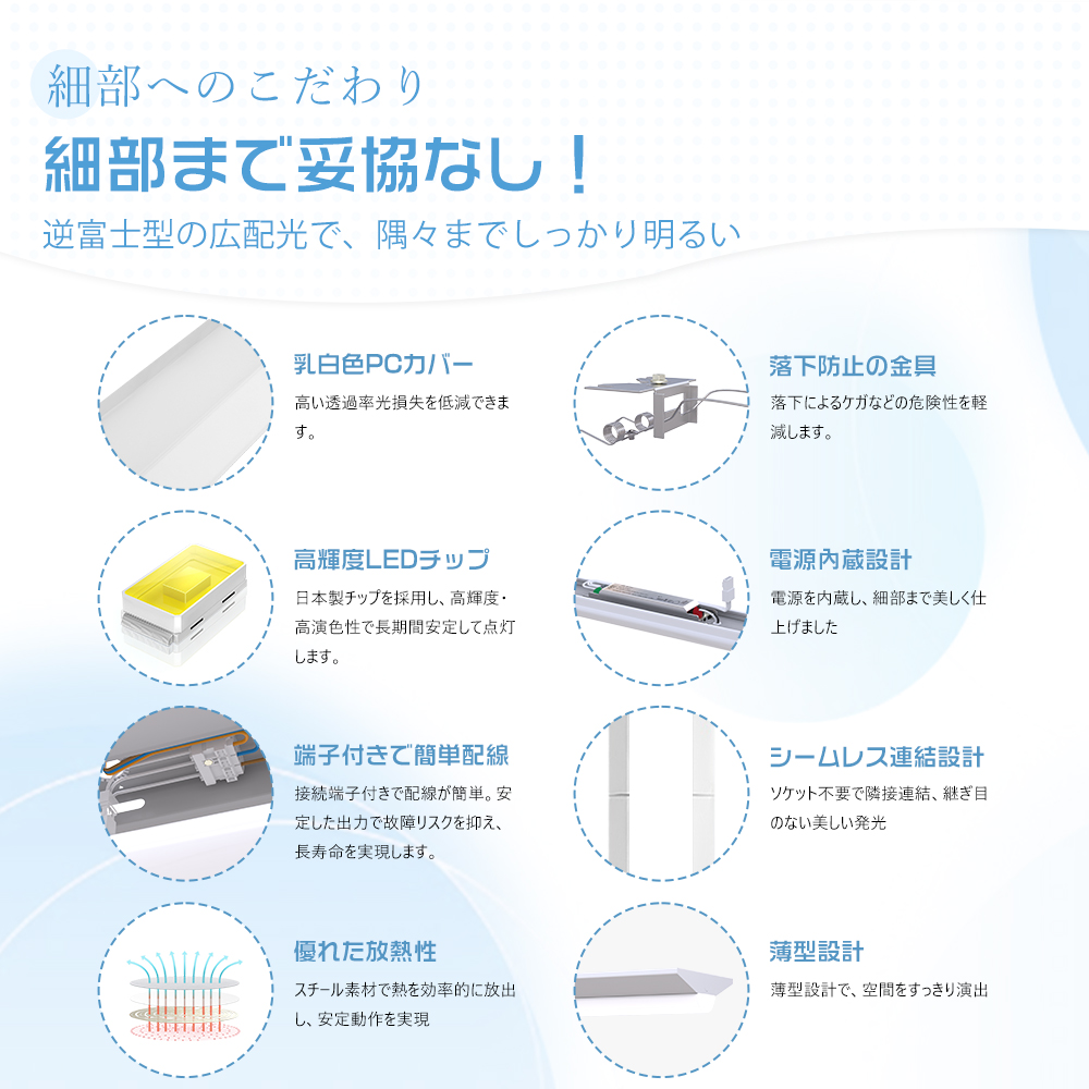 【10台セット】ledベースライト 40w型2灯相当 125cm 逆富士型LEDベースライト 50W LED蛍光灯 器具一体型 一体型照明 天井直付型 直管蛍光灯 LED照明器具 2年保証_6