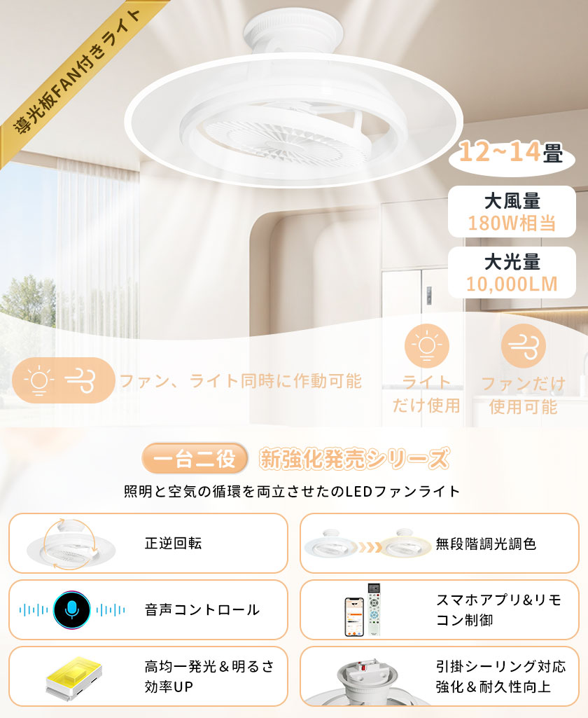 シーリングファンライト led シーリングライト 14畳 調光調色 ファン