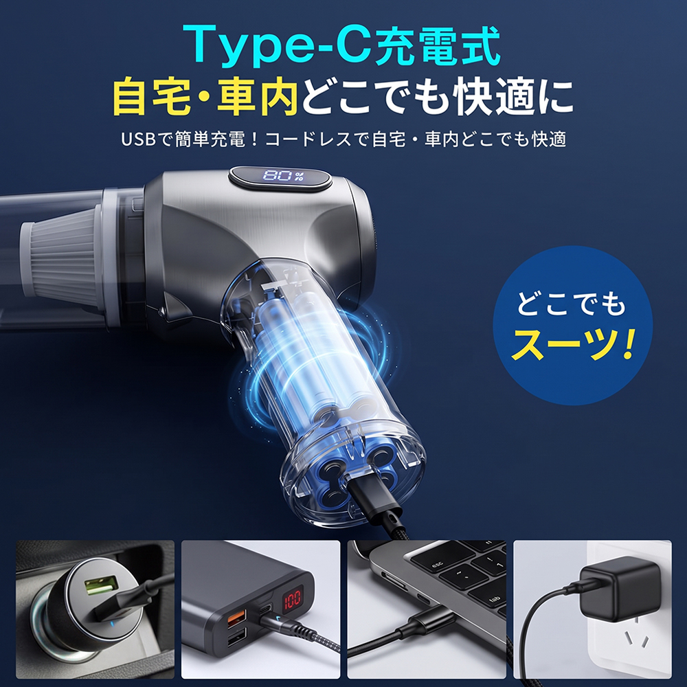 ハンディクリーナー 最新発売！ 車載掃除機 コードレス 可視化ライト ハンディ掃除機 車用 掃除機 ミニ掃除機 多機能 パワフル 強力吸引 28000Pa 軽量 335g |  | 15