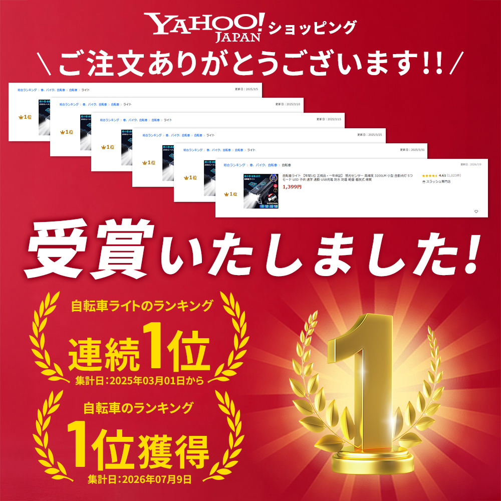 自転車ライト 【年間1位 正規品・一年保証】 感光センサー 高輝度 3200LM 小型 自動点灯 5つモード LED 子供 通学 通勤 USB充電 防水 防塵 軽量 着脱式 関連画像1