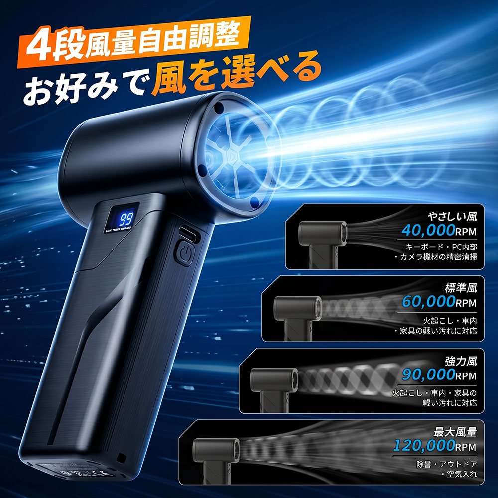 エアダスター 最新発売! ブロワー ブロアー 電動 50m/s 充電式 コードレス LEDライト搭載 5種類アタッチメント 4段階風量調整 Type-C充電 残量表示 軽量 227g 関連画像4