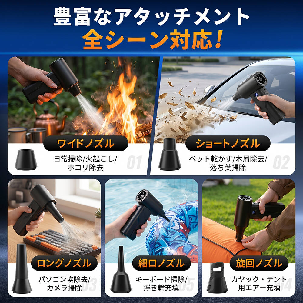 エアダスター 最新発売! ブロワー ブロアー 電動 50m/s 充電式 コードレス LEDライト搭載 5種類アタッチメント 4段階風量調整 Type-C充電 残量表示 軽量 227g 関連画像5