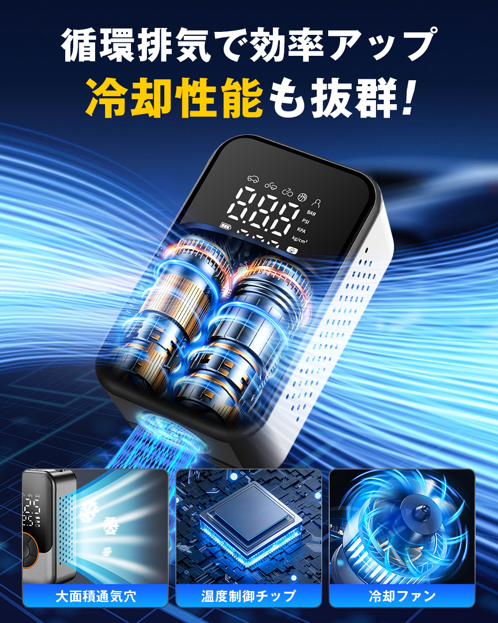 【期間限定10%OFF】 電動空気入れ 多機能 急速充填 空気入れ 自動停止 コードレス 充電式 エアポンプ 車 バイク 自転車 自動車 小型 コンプレッサー 爆買 関連画像5